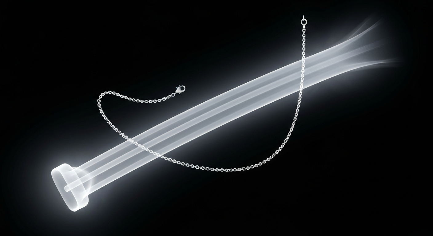 A ghostly, translucent X-ray image of a metal necklace suspended in midair, glowing against a dark background and appearing to be pulled towards an unseen force, conceptually illustrating the dangers of ferromagnetic objects in MRI environments.