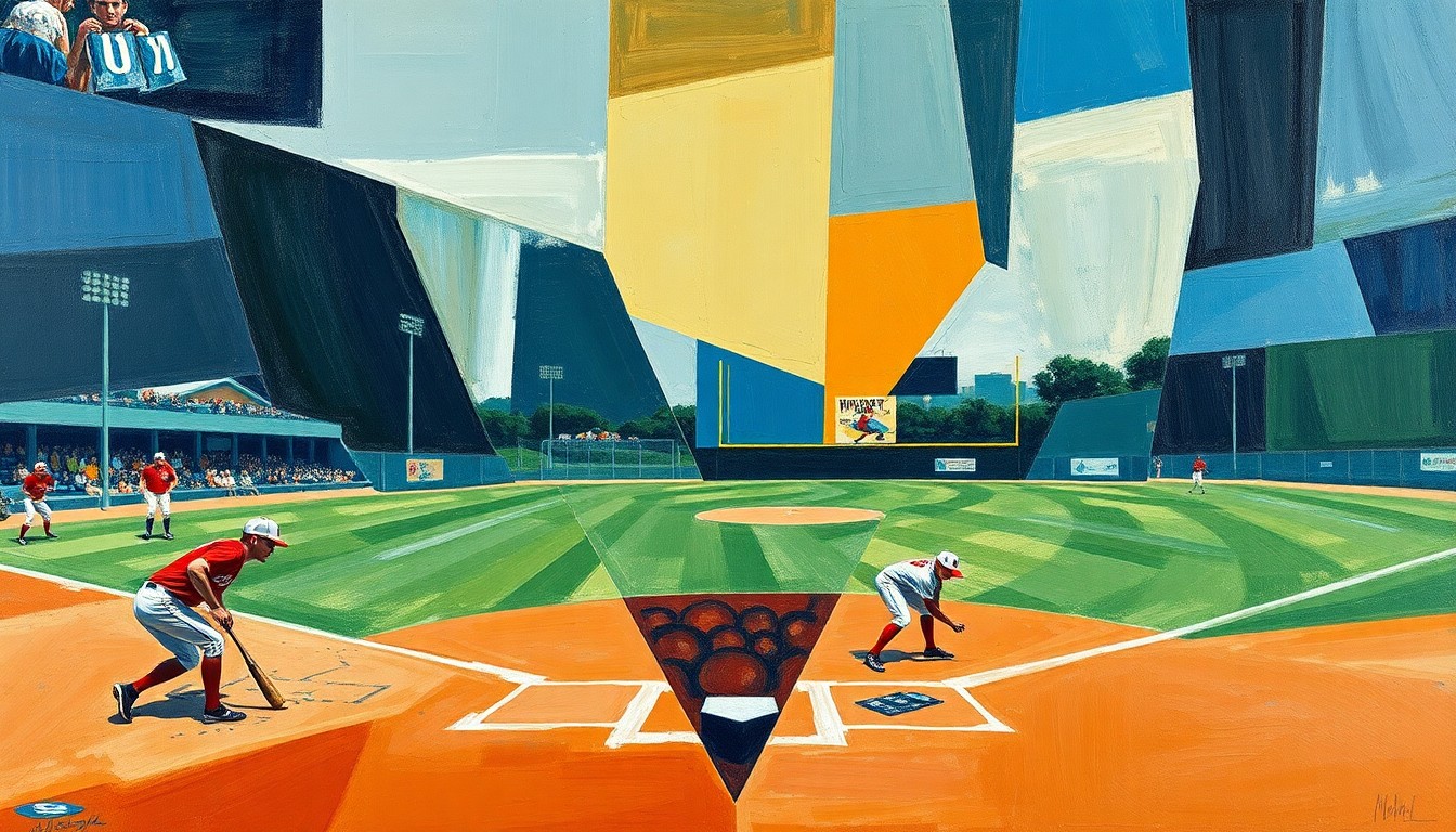 A fragmented, geometric painting depicting a high school baseball game, with players and the field deconstructed into sharp, overlapping planes of deep blues, greens, and ochres, capturing the dynamic energy of the game.