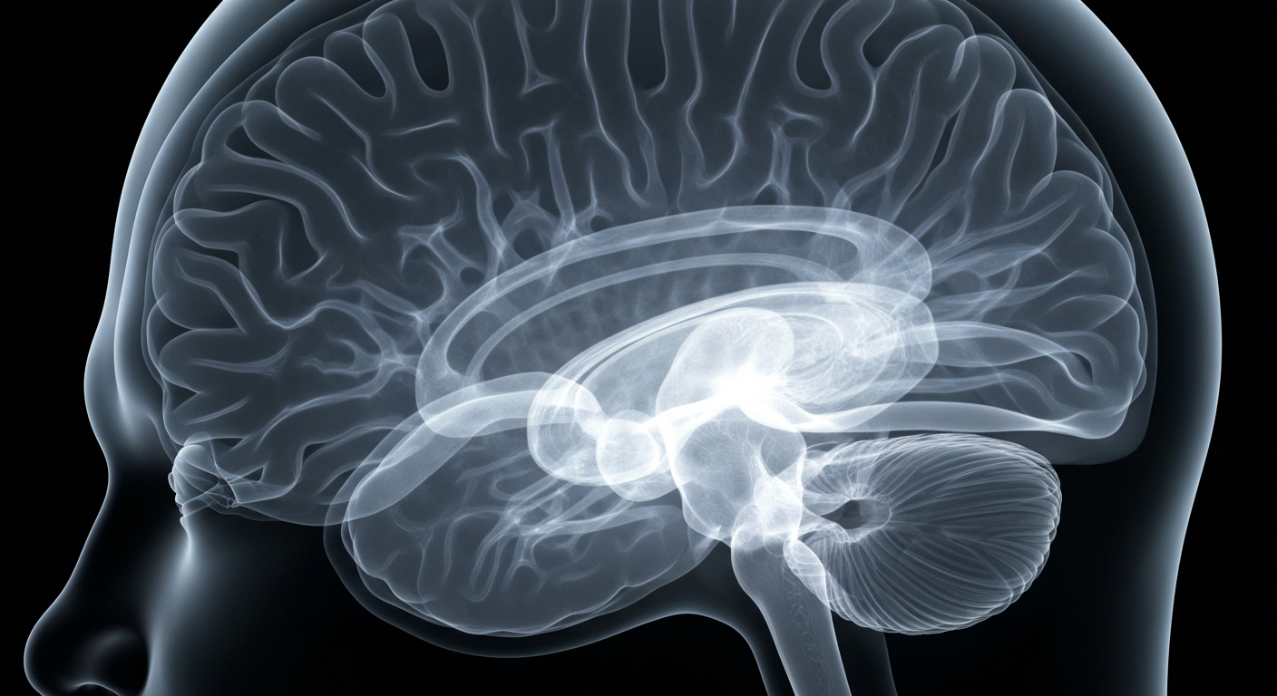 A ghostly, translucent X-ray image revealing the intricate structure of the human brain, conceptually representing the importance of mental health services for veterans.