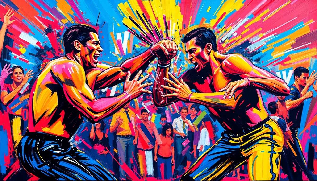 An abstract, expressionist painting featuring dynamic, neon-colored figures engaged in a Power Slap competition, capturing the raw energy and intensity of the sport.