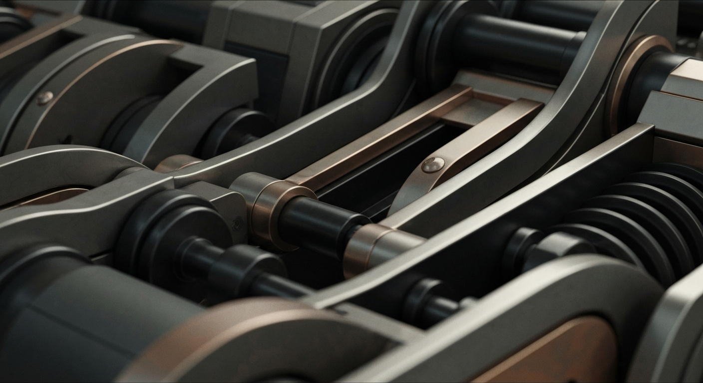 An extreme close-up of intricately engineered banking equipment and machinery, conveying the secure, industrial nature of the financial system through a cinematic, high-contrast visual style.