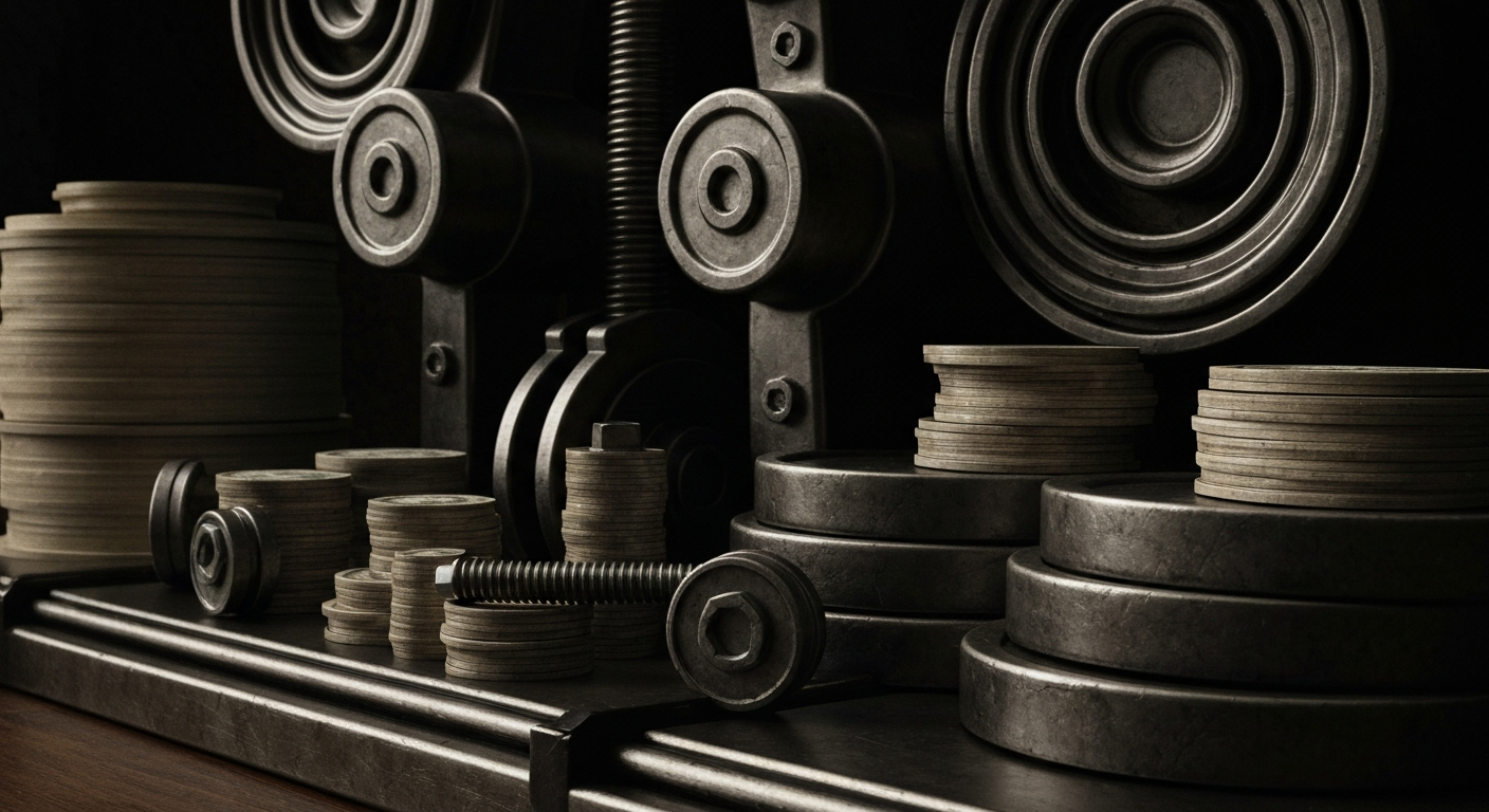 An extreme close-up of heavy, industrial banking machinery and equipment, conveying a sense of financial security and institutional wealth without using literal currency or charts.