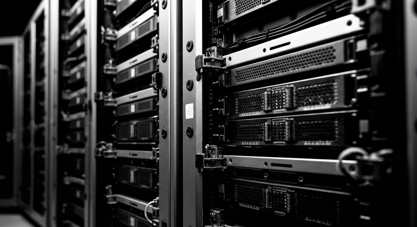 A high-contrast, close-up image of complex data storage hardware and server racks, conveying the intricate physical infrastructure that supports modern data management systems.