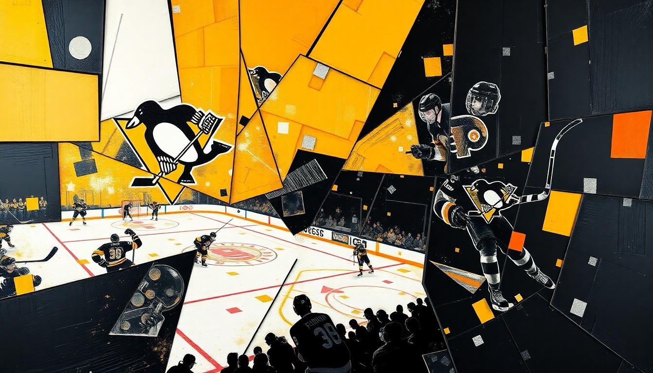 A cubist, geometric painting depicting an abstract hockey game, with sharp angular shapes and planes in the team colors of the Pittsburgh Penguins and Philadelphia Flyers, capturing the energy and intensity of their playoff rivalry.