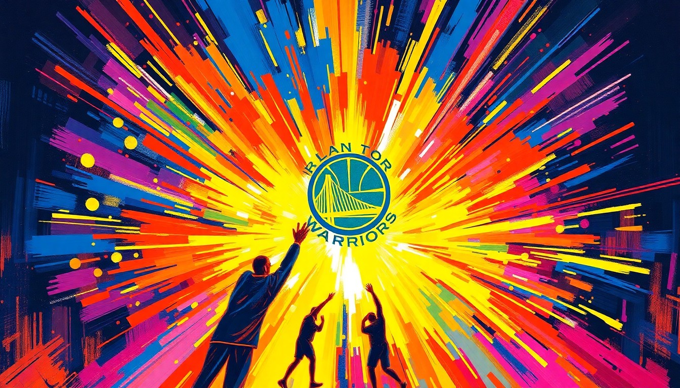 An abstract, energetic painting in neon colors depicting the intense action and emotion of a basketball game, with players' forms and movements blending together in a dynamic, expressionistic style.