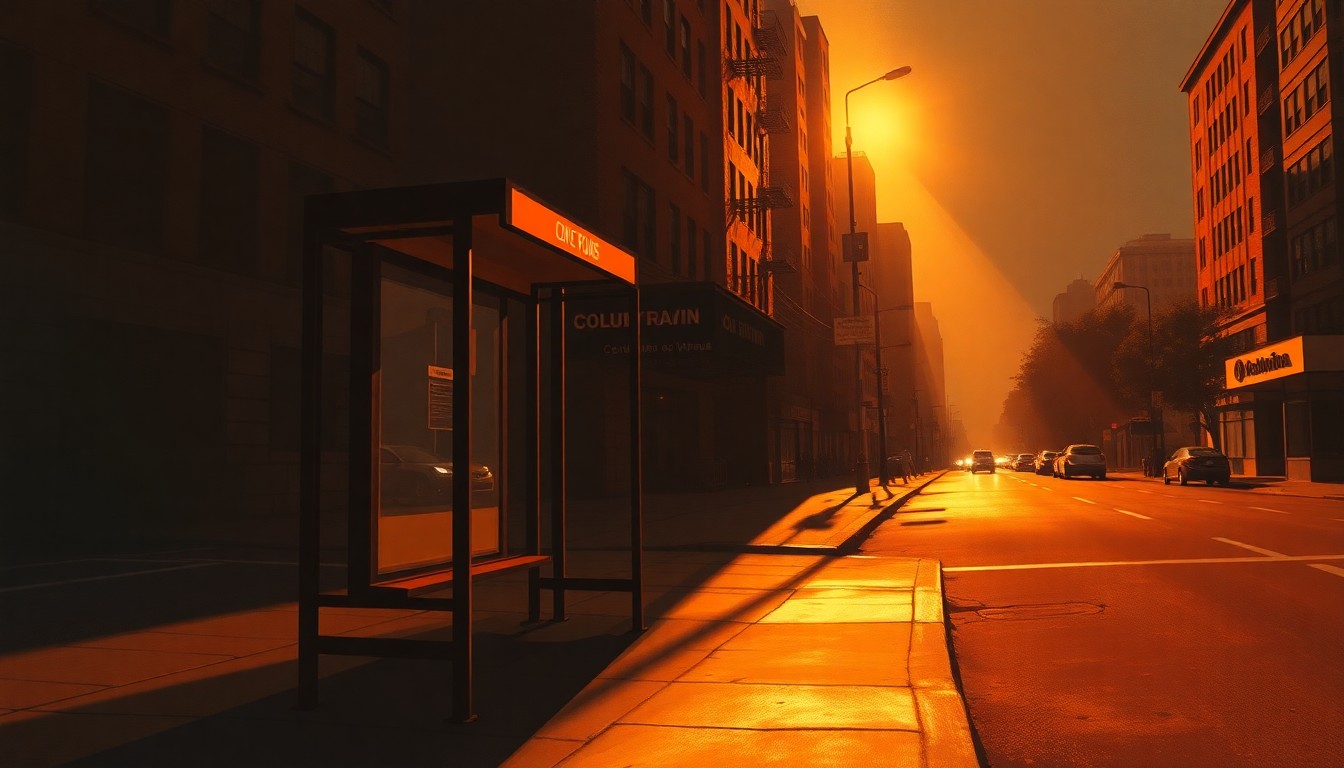A serene, painterly scene of an empty bus stop on a sun-dappled Columbus Avenue street, capturing the sense of stalled progress and unfulfilled potential for improved public transportation.