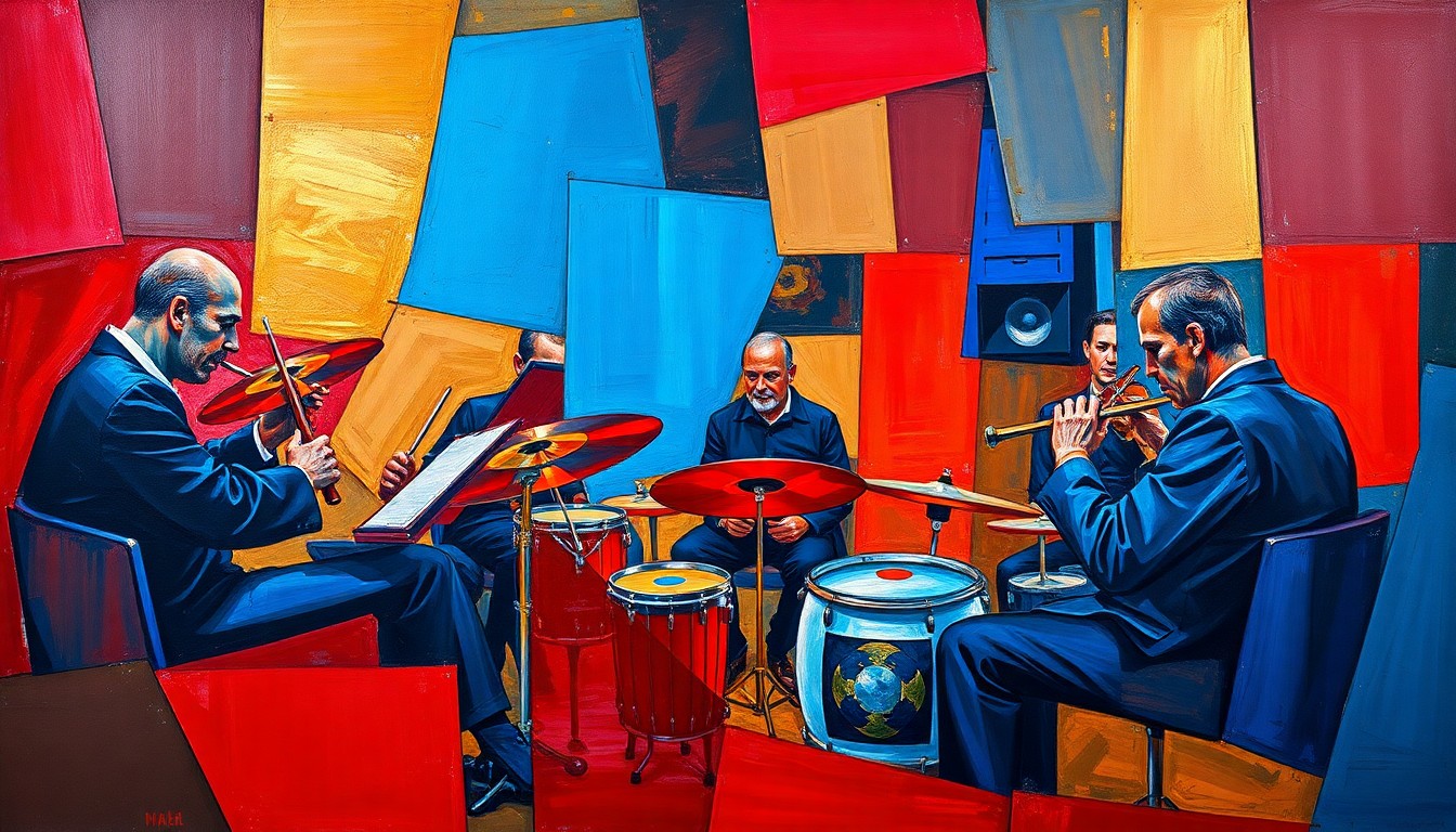 A fractured, multi-perspective painting featuring sharp, overlapping geometric planes in a vibrant color palette, conceptually representing the dynamic performance of a Percussion ensemble at the WGI World Championships.