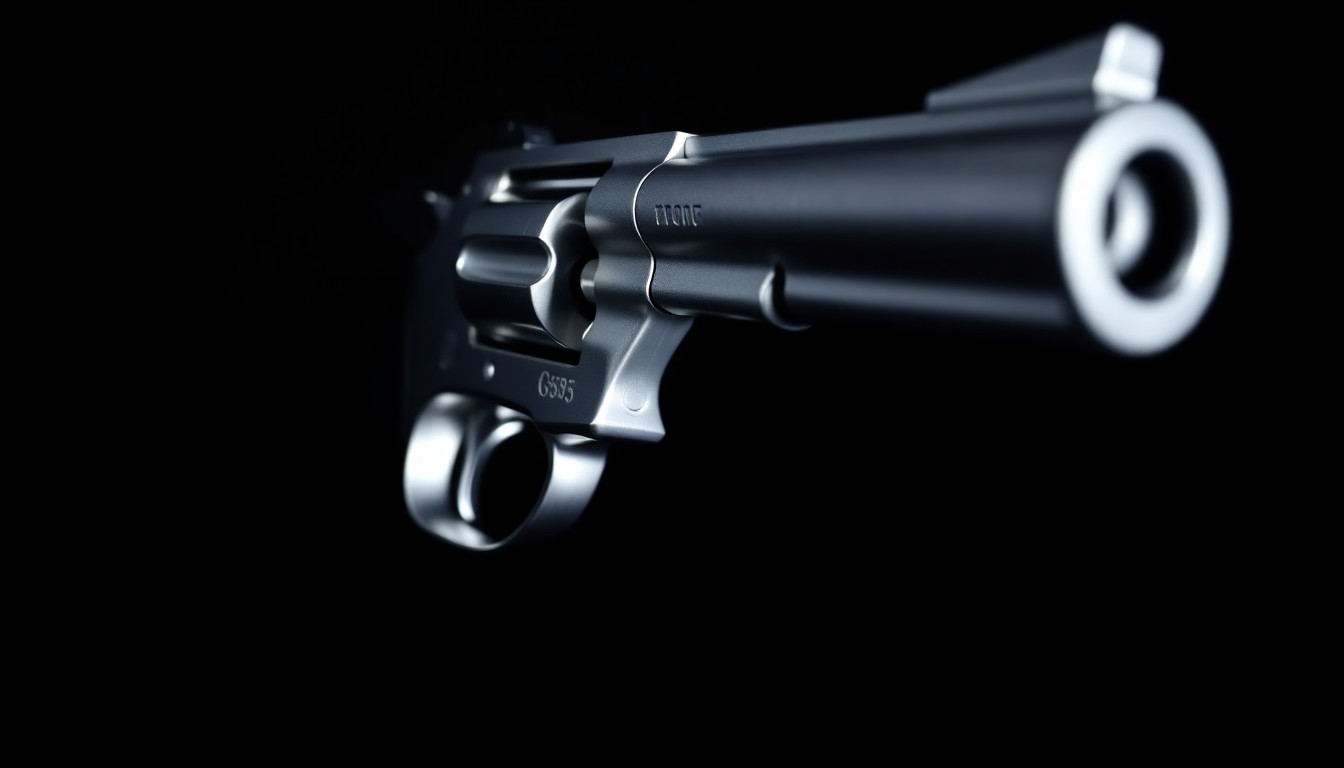 An extreme close-up photograph of a silver revolver, its metallic surface reflecting the harsh light of the camera flash against a pitch-black background, conceptually representing the deadly weapon at the center of this tragic case.