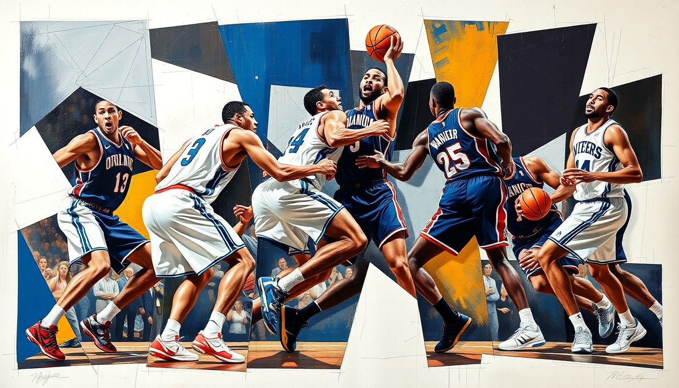 A fragmented, geometric painting depicting the chaotic collision between Orlando Magic players, the forms of the athletes broken down into sharp, overlapping planes of color and shape.