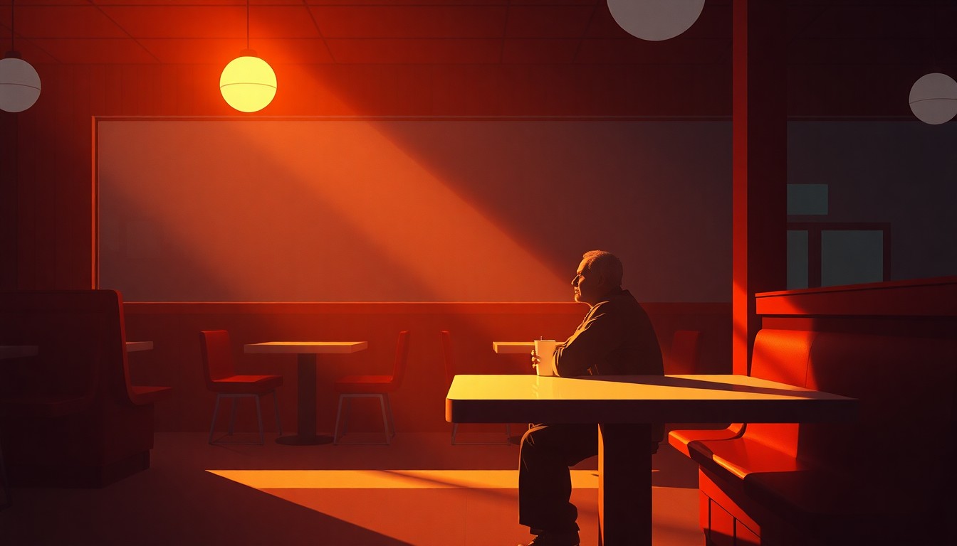 A quiet, cinematic painting of a solitary person sitting alone in a diner, bathed in warm, diagonal sunlight and deep shadows, conceptually representing the financial relief provided by Maine's $300 direct payments.