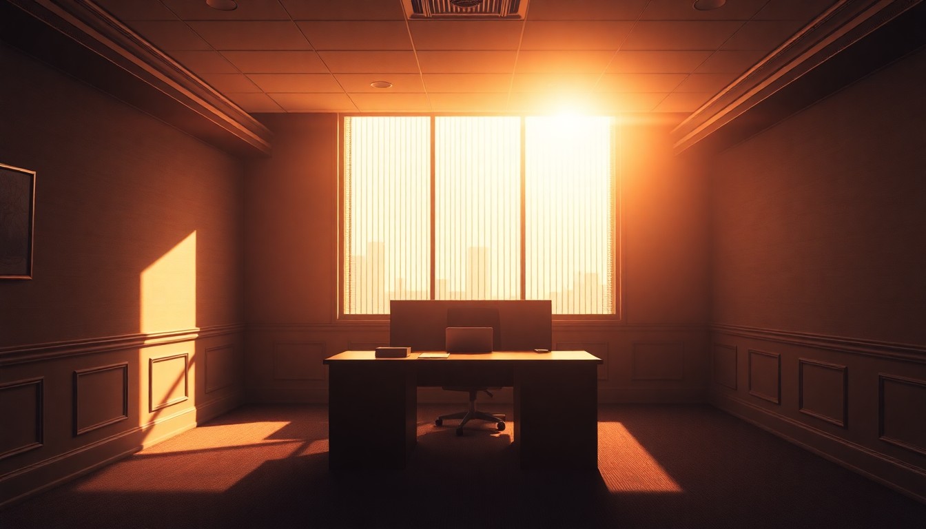 A quiet, cinematic painting of an empty government office space, with warm sunlight streaming through the windows and deep shadows casting a somber mood, conceptually representing the weight of institutional responsibility and the consequences for those who abuse their power.