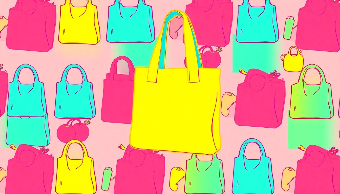 A brightly colored, high-contrast silkscreen print of a reusable grocery bag repeated in a tight grid pattern, conceptually representing the iconic products and community-focused values of a long-running natural food cooperative.