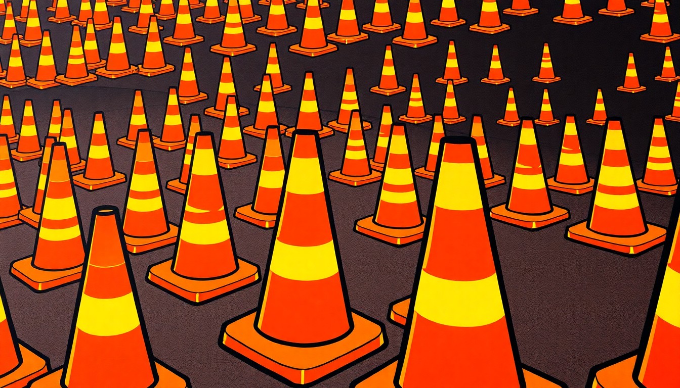 A bold, abstract silkscreen print composed of repeating traffic cones in vibrant neon orange, yellow, and red colors with heavy black outlines, conceptually representing the construction zones and disrupted traffic flow in downtown Reno.