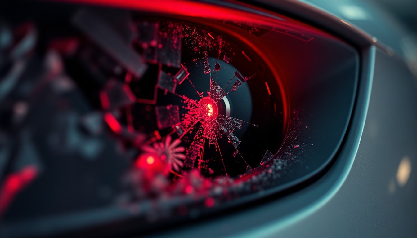 An extreme close-up of a shattered car sensor lens reflecting a faint red light, conceptually illustrating the vandalism of self-driving cars.