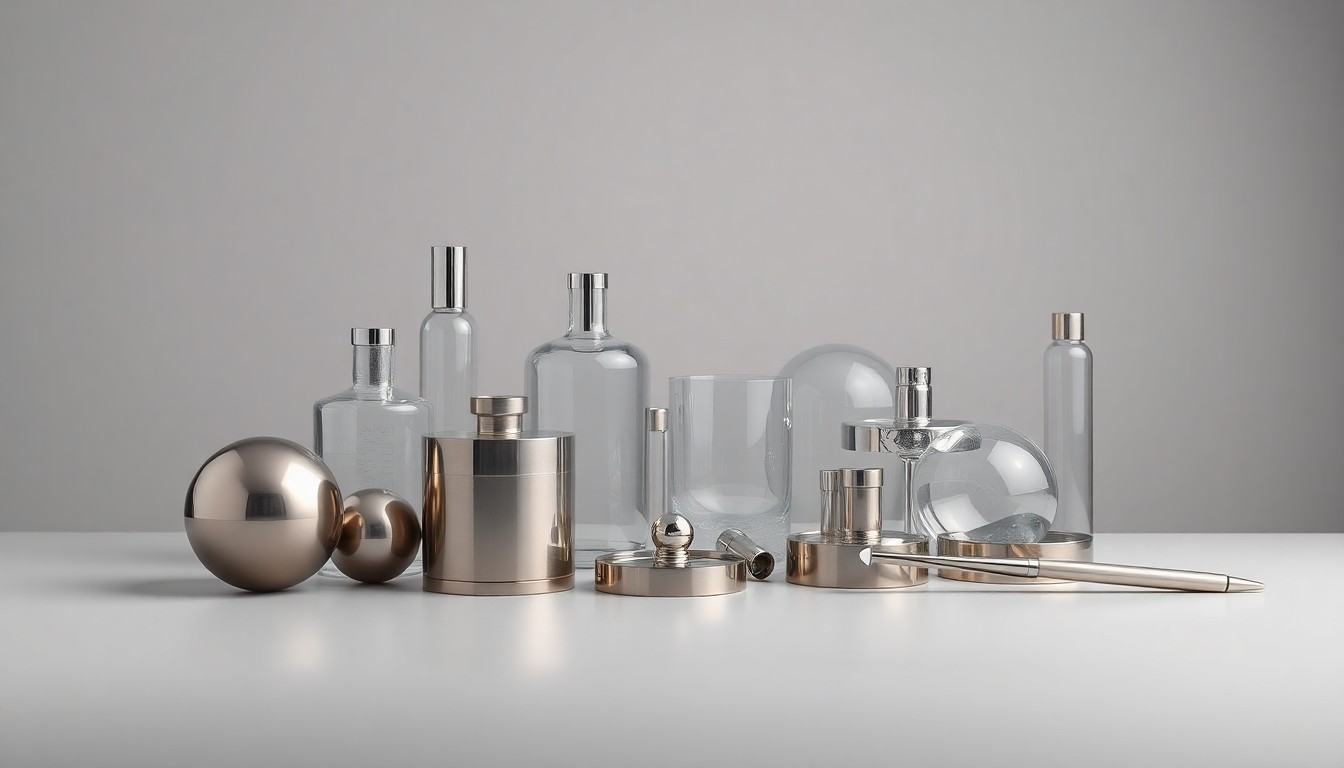 A minimalist studio still life photograph featuring a collection of shiny, geometric metal and glass objects arranged on a plain white background, conceptually representing the complex challenges of the I Street Bridge replacement project in Sacramento.