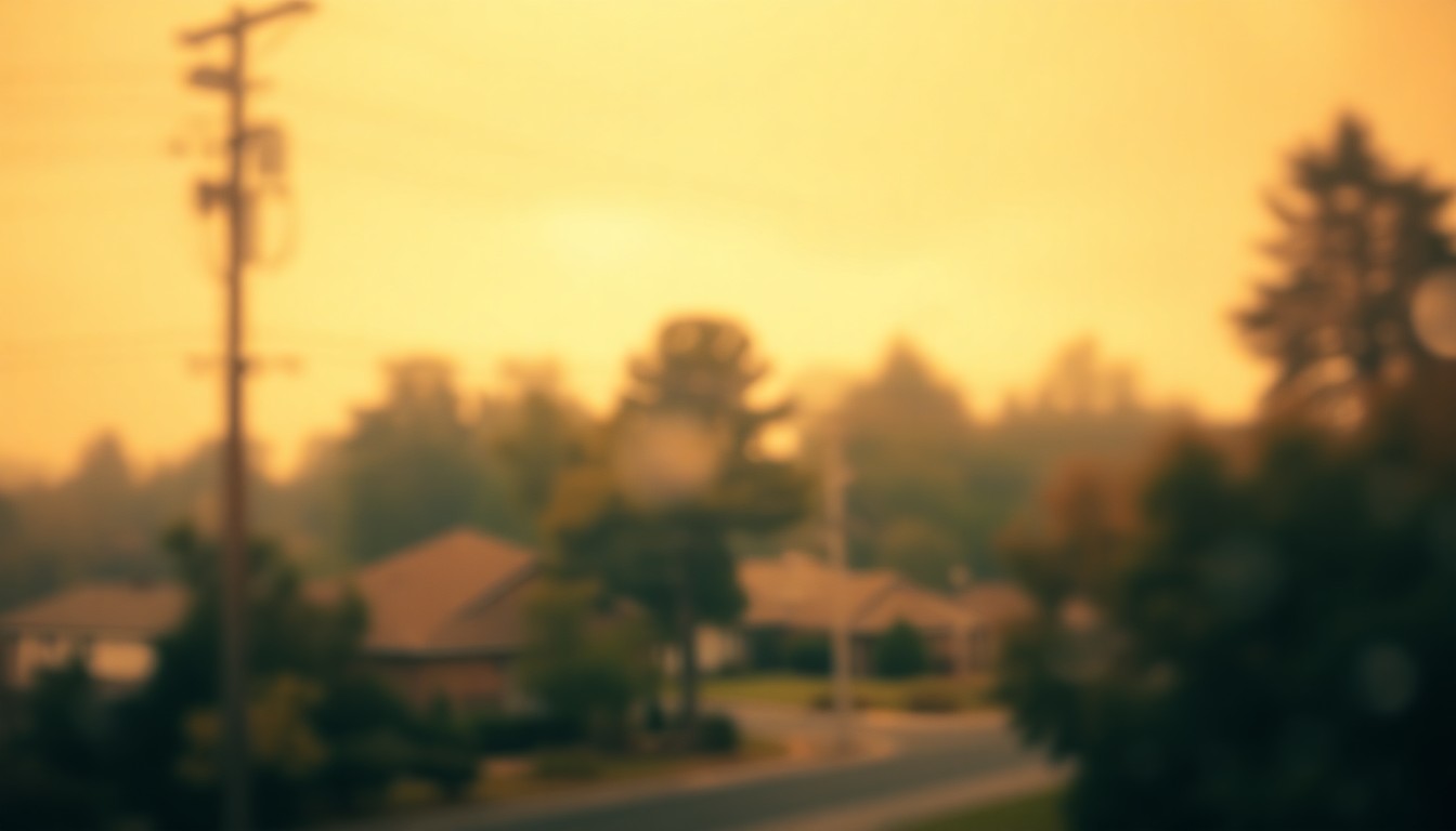 An abstract, impressionistic scene of a residential neighborhood with blurred trees, power lines, and buildings in soft, warm tones, conveying the mood of the story without depicting any specific people, places or objects.