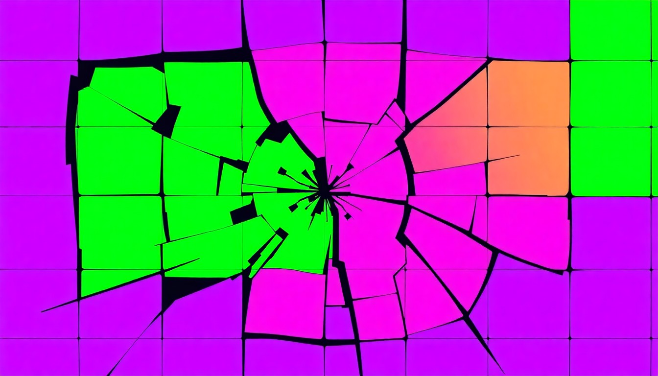 An extreme close-up of a shattered car sensor lens reflecting a faint red light, conceptually illustrating the vandalism of self-driving cars.