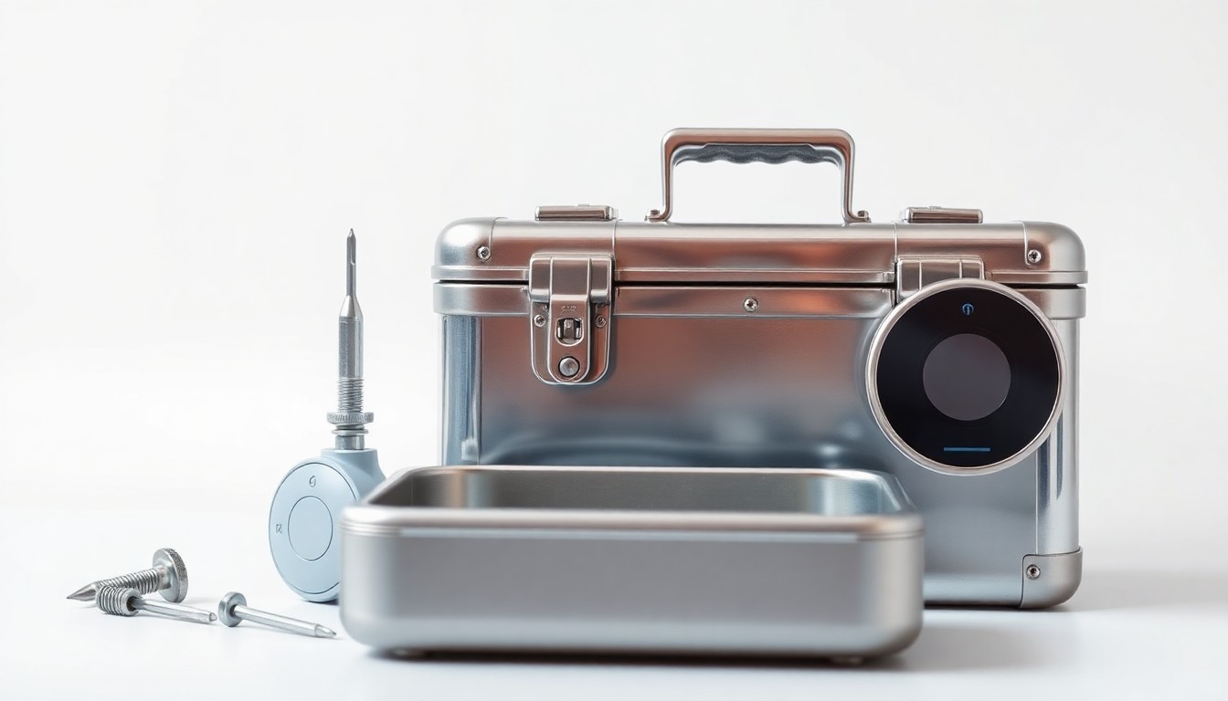 A high-end, photorealistic studio still-life photograph featuring a polished, chrome-plated toolbox, a set of precision screwdrivers, and a sleek, modern thermostat against a clean, white background, conceptually representing the technical expertise and reliability of Walmart's new Upstream Facilities Services.