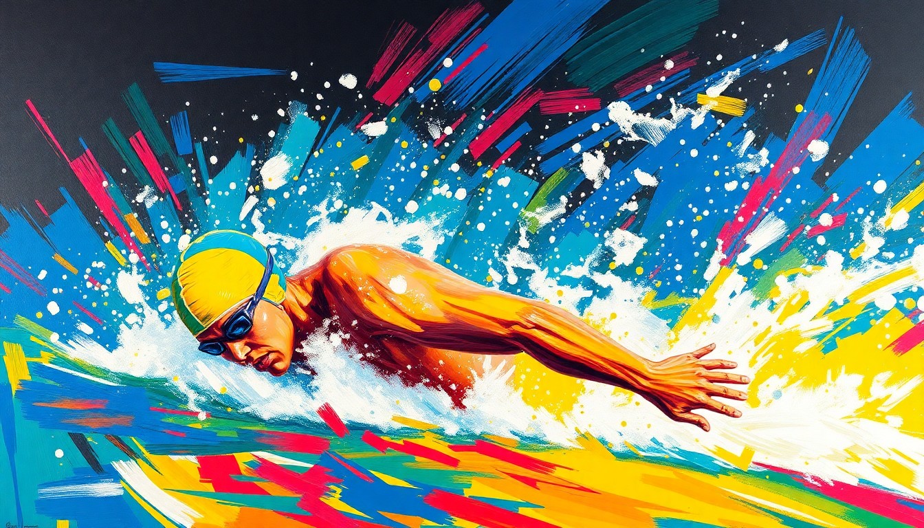 An abstract, energetic painting using bold, neon-like brushstrokes to depict the powerful motion of a swimmer cutting through the water, conveying the raw athleticism and competitive spirit of the sport.
