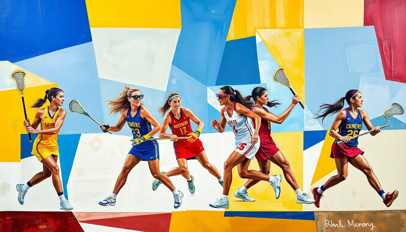 A fractured, multi-perspective painting depicting the dynamic movements and energy of a women's lacrosse game, with the players' figures deconstructed into abstract shapes and planes of vibrant colors.