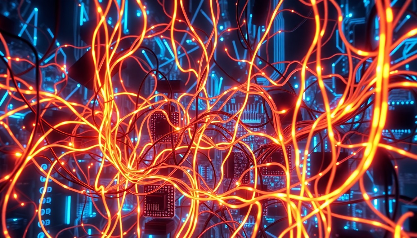 A highly detailed, glowing 3D illustration of a tangled web of illuminated data cables, circuit boards, and digital infrastructure, representing the complex and interconnected nature of modern education technology systems.