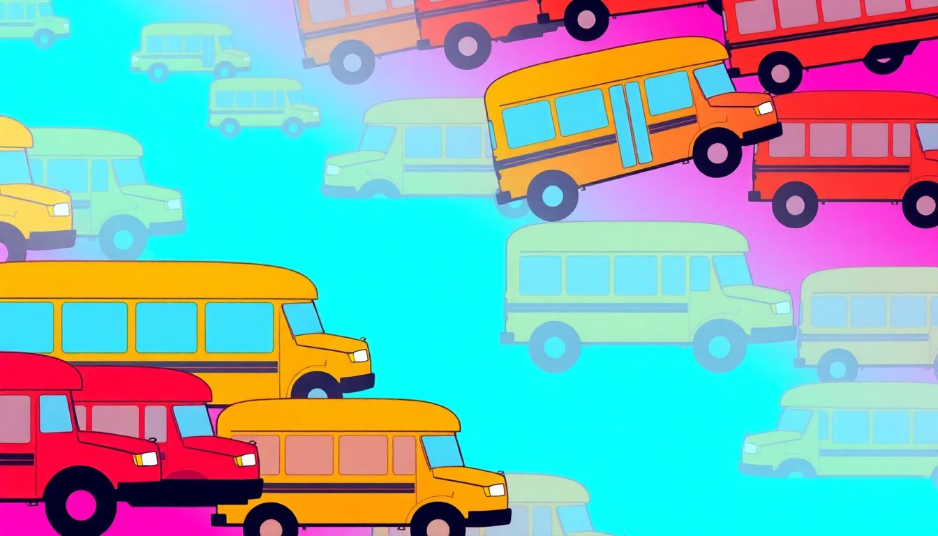 A boldly colored, abstract silkscreen print featuring a repeated icon of a school bus in a grid pattern, conveying the concept of a school district in transition through a modern pop art aesthetic.