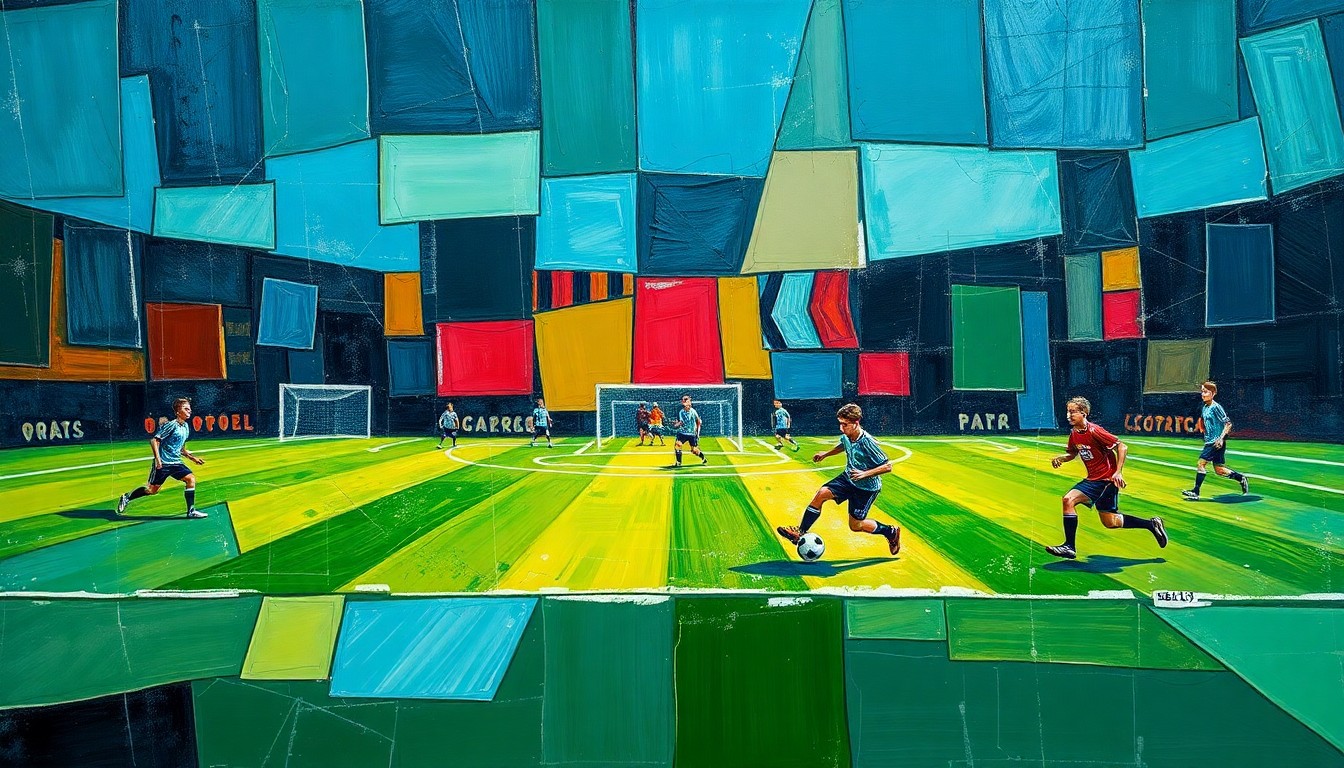 A fragmented, abstract painting depicting a high school soccer match through overlapping geometric shapes and planes in a vibrant color palette, conveying the dynamic movement and intensity of the game.