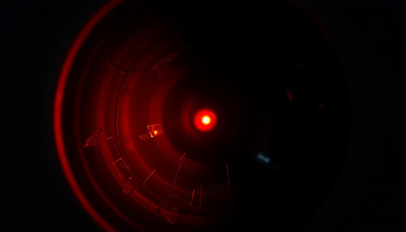 An extreme close-up photograph of a shattered security camera lens reflecting a faint red light, conceptually representing the tensions between a community and unwanted intrusions by content creators.