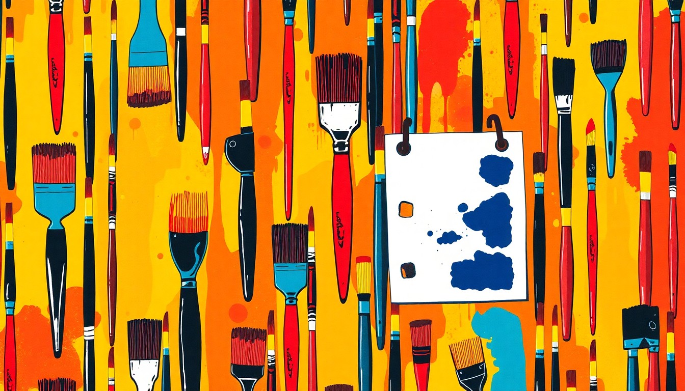 A boldly colored, abstract grid of paintbrushes, palettes, and sketchpads, conveying the vibrant, collaborative spirit of the downtown Novato creative studio.