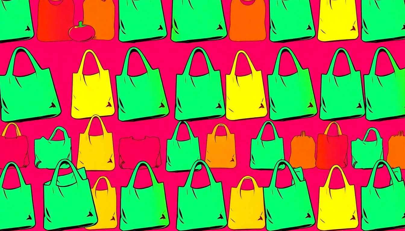 A brightly colored, high-contrast silkscreen print of a reusable grocery bag repeated in a tight grid pattern, conceptually representing the iconic status of a community-focused natural food store.