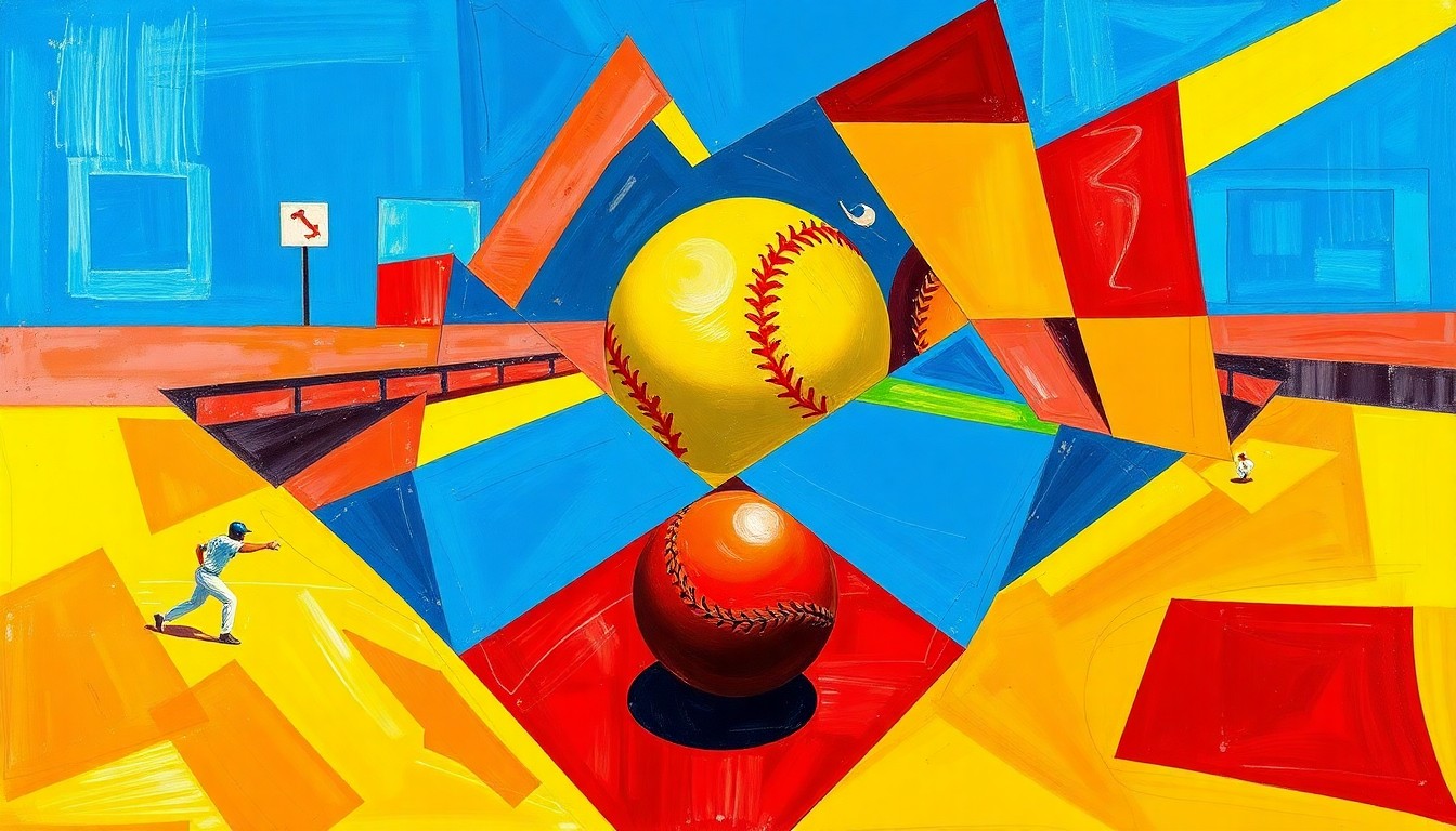 A fragmented, geometric painting in bold colors depicting the action and intensity of a high-scoring softball game, with overlapping shapes and perspectives conveying the back-and-forth nature of the contest.