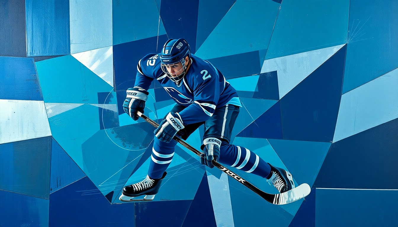 A cubist, geometric painting depicting a hockey player in mid-action, their form fractured and abstracted into sharp, overlapping planes of navy, teal, and silver, conveying the fragmented nature of the Kraken's season.