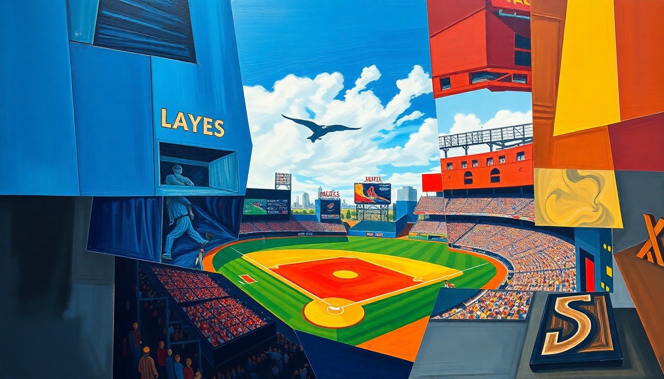 A cubist-style painting featuring overlapping geometric shapes and planes in vibrant colors, conceptually representing the dynamic back-and-forth of a baseball game.