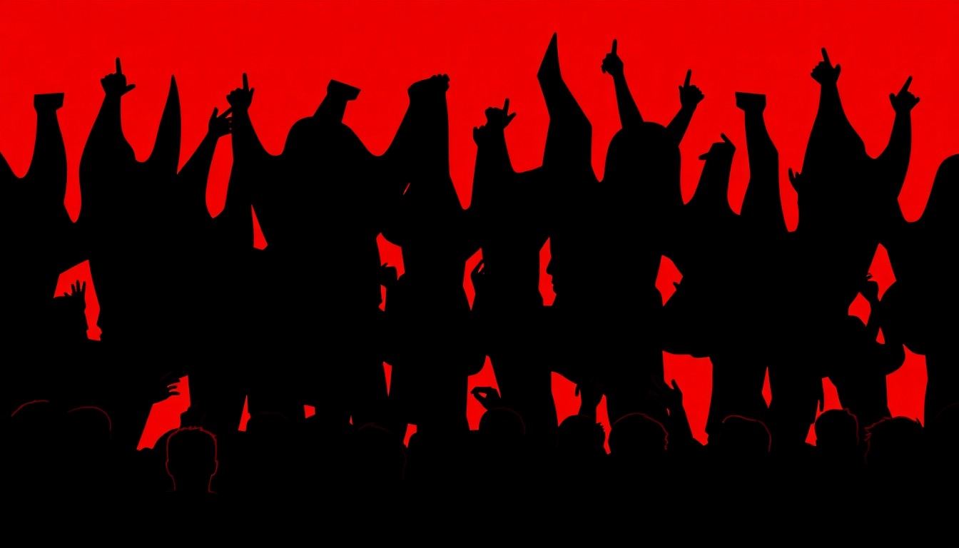 A striking abstract illustration featuring bold, geometric black shapes overlapping against a bright red background, conceptually representing the energy and excitement of an outdoor music festival.