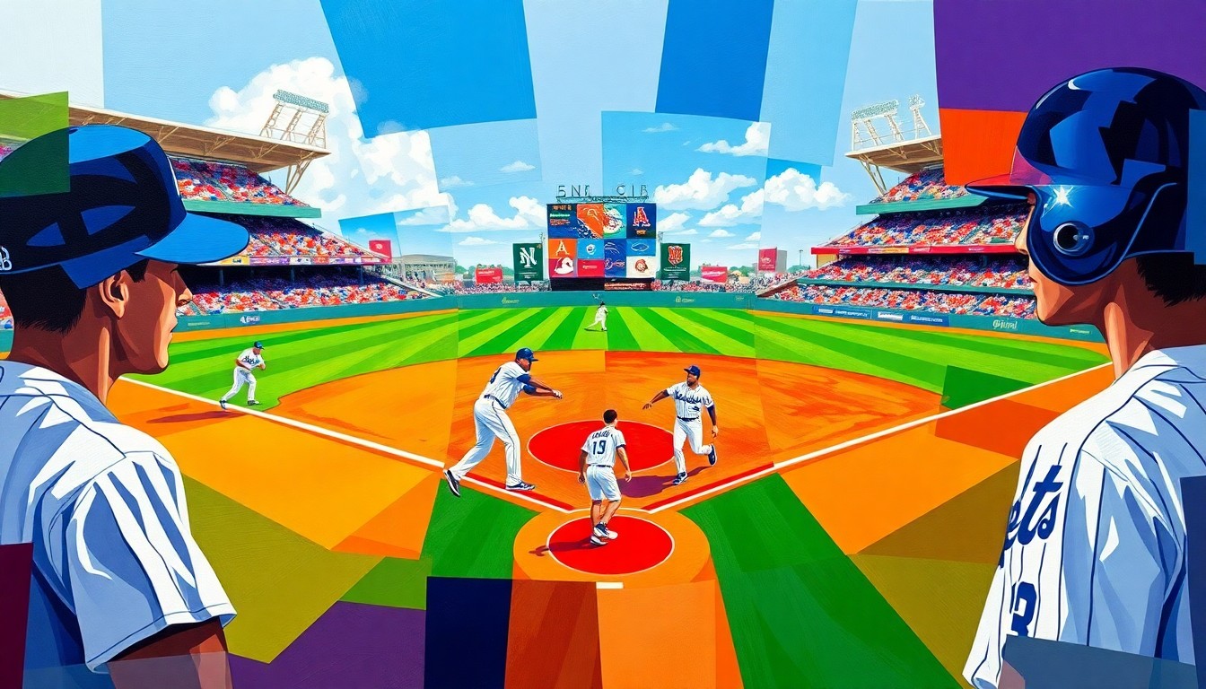 A cubist, geometric painting depicting a baseball game in progress, with the players and field broken down into sharp, overlapping planes of color representing the Dodgers and Mets uniforms.