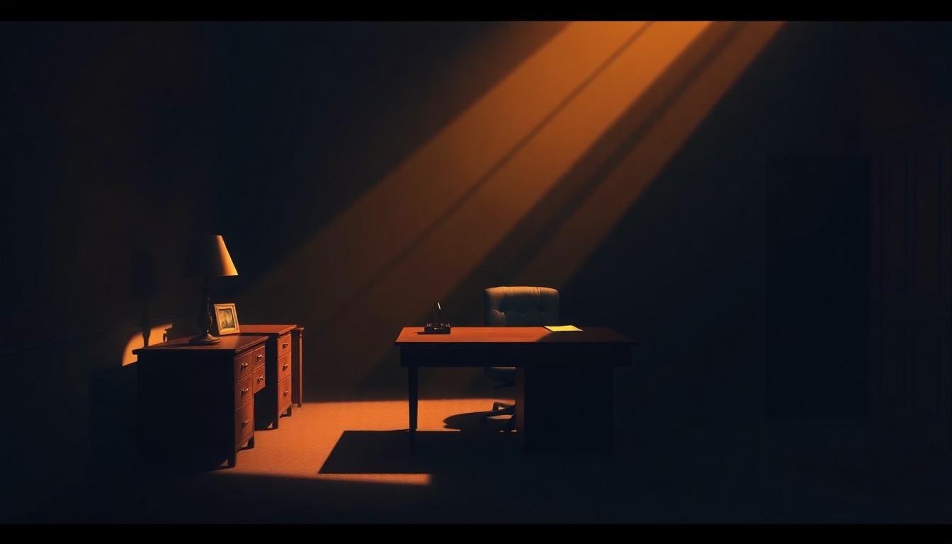 A dimly lit, cinematic painting of a solitary political office desk, with warm sunlight casting deep shadows across the room, conceptually representing the downfall of a political career and the importance of candidate vetting.
