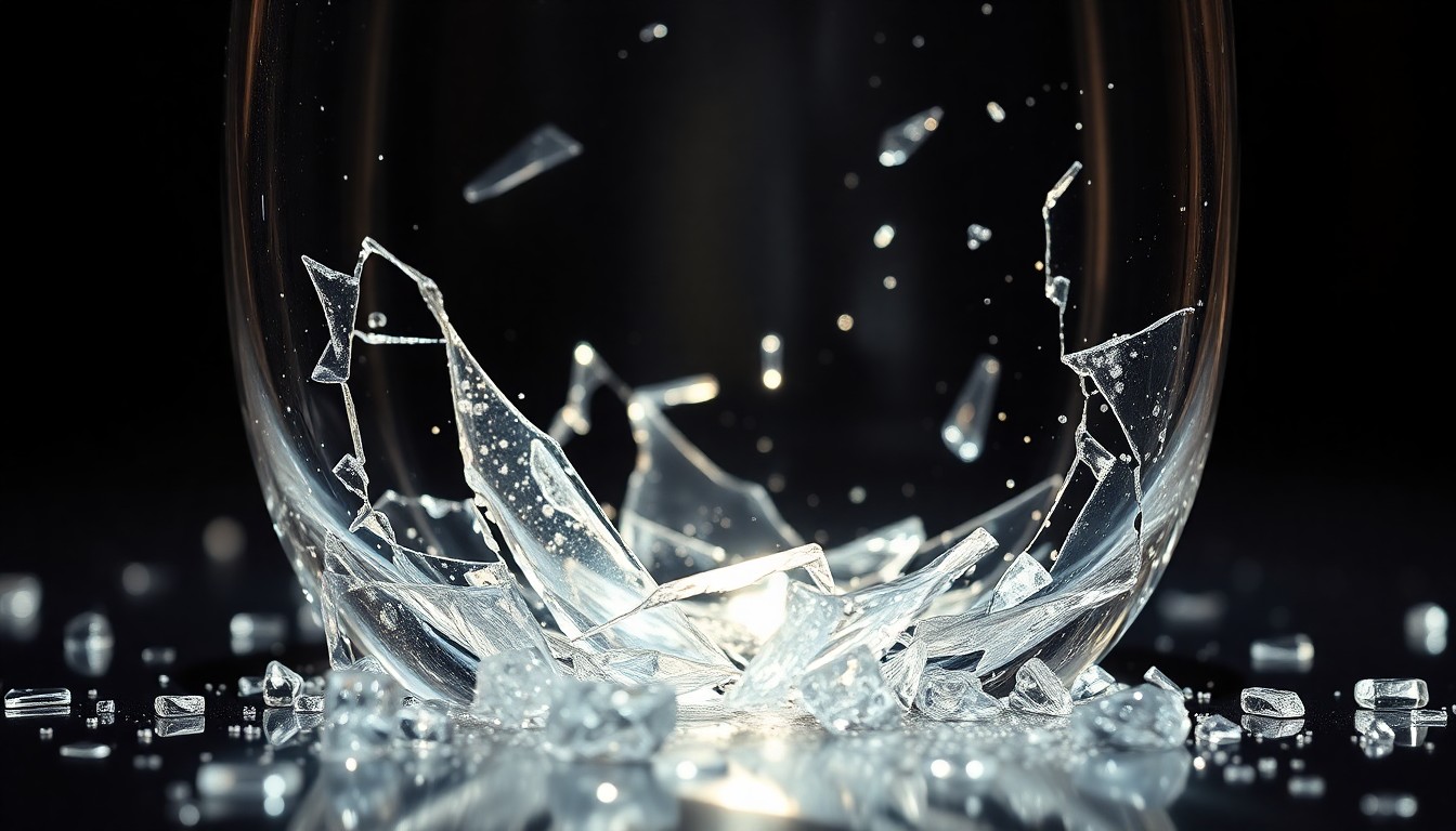 An abstract close-up of a shattered crystal glass, the jagged edges reflecting a soft glow, conceptually representing the disruption of a high-society event.