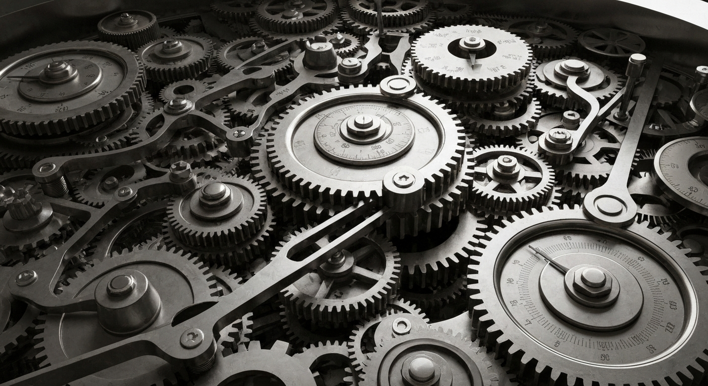 An extreme close-up of a complex, interlocking mechanism of gears, levers, and dials, conceptually representing the inner workings of global finance and currency exchange.