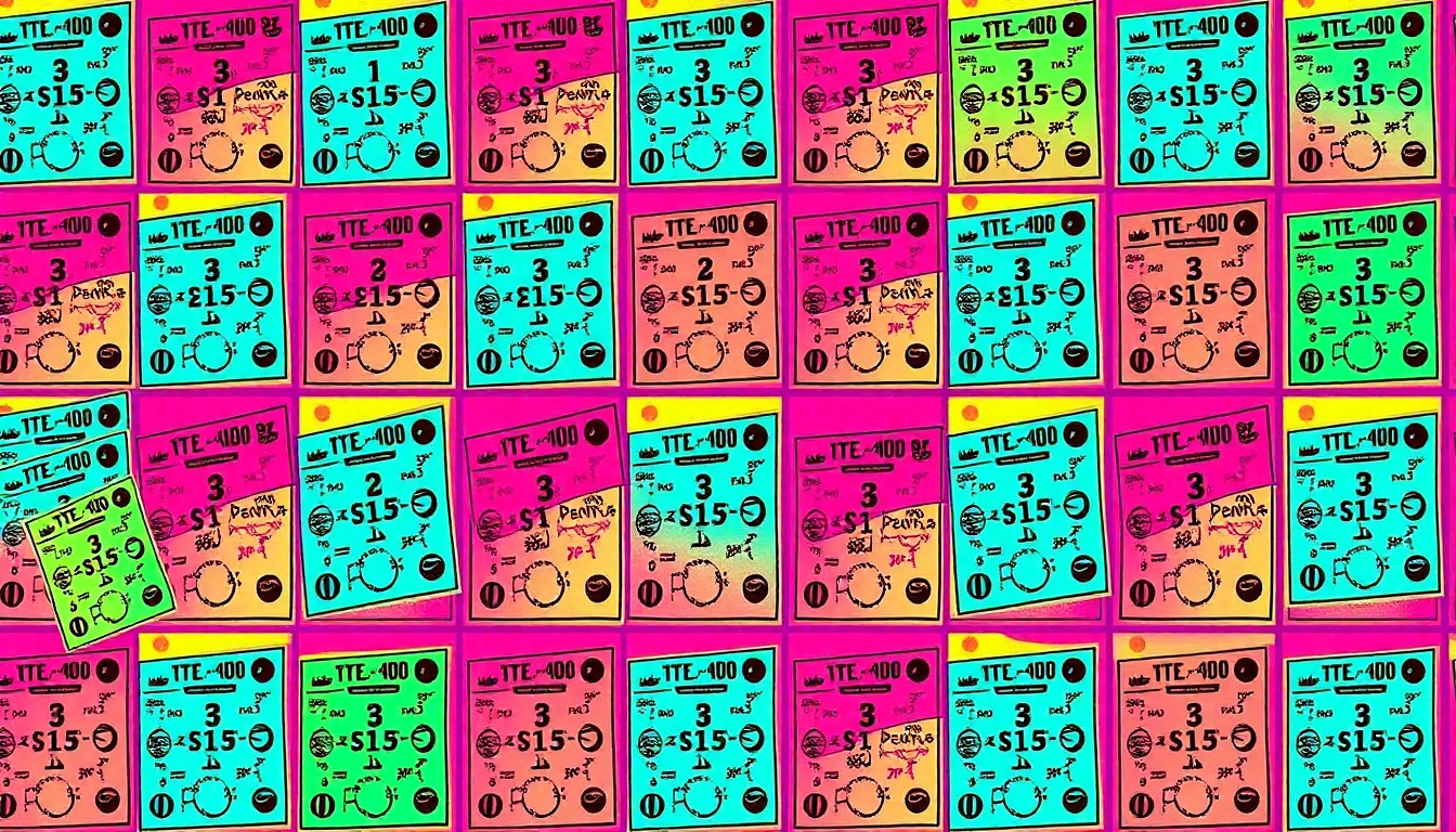 A bold, colorful silkscreen illustration featuring a repeating pattern of a single stylized lottery ticket in neon shades of pink, green, and blue, capturing the excitement and energy of the lottery in an abstract, artistic way.