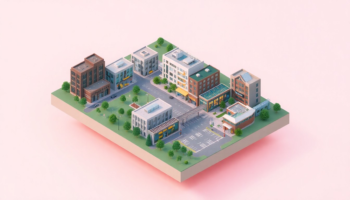 A colorful, minimalist 3D illustration depicting a stylized mixed-use development with residential buildings, retail stores, green spaces, and a transit hub, representing the future vision for the Lakeforest Mall redevelopment in Gaithersburg.