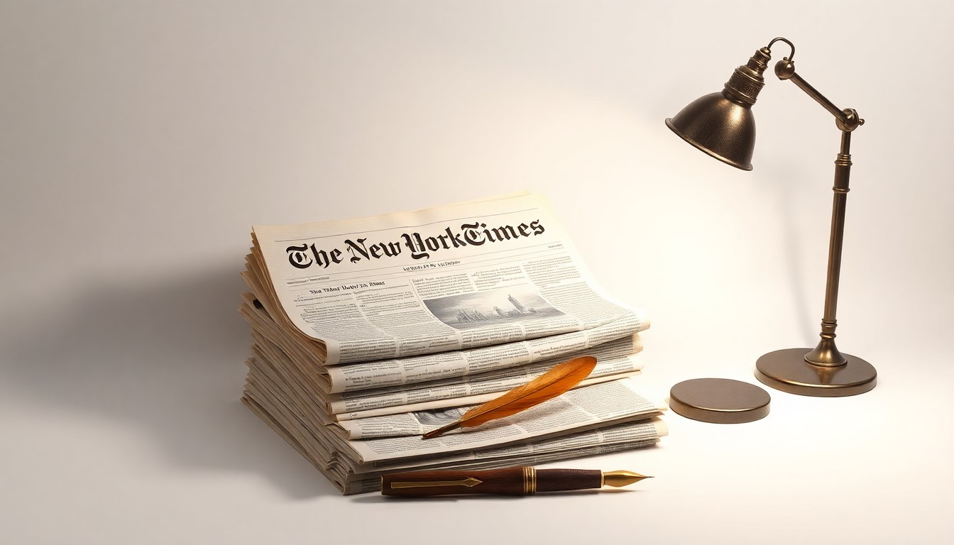 A high-end, photorealistic studio still-life photograph featuring a stack of vintage newspapers, a quill pen, and an antique desk lamp on a clean, monochromatic seamless background, conceptually representing the timeless nature of journalism and the evolution of The New York Times.
