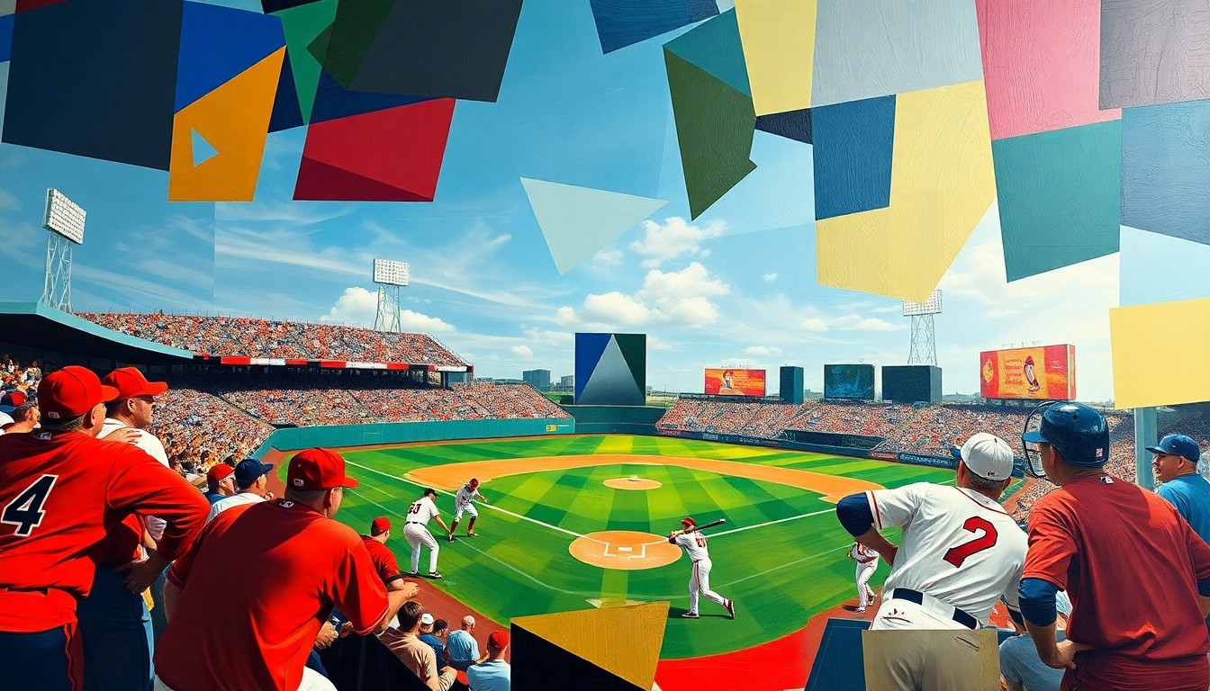 A cubist, geometric painting depicting a baseball game in motion, with overlapping shapes and planes representing the players, field, and action. The vibrant colors of the teams' uniforms stand out against the fragmented visual style.