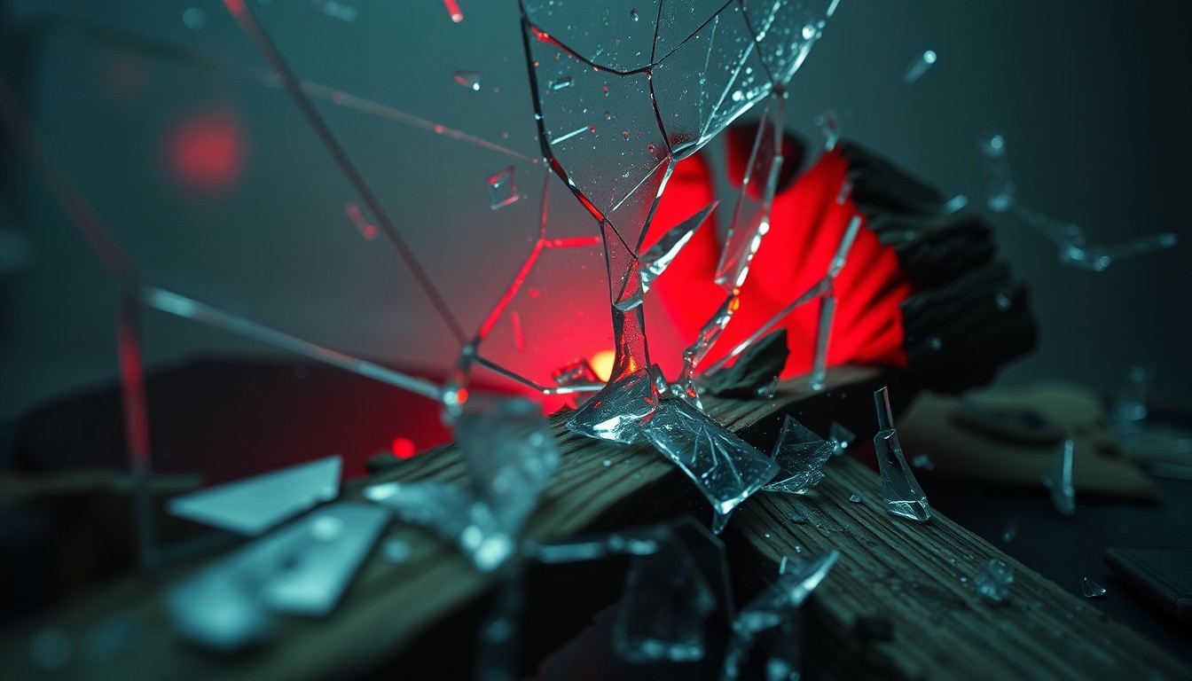 An abstract close-up image featuring shattered glass and splintered wood, reflecting a faint red light, conceptually representing the dark and unpredictable nature of the film 'Normal'.