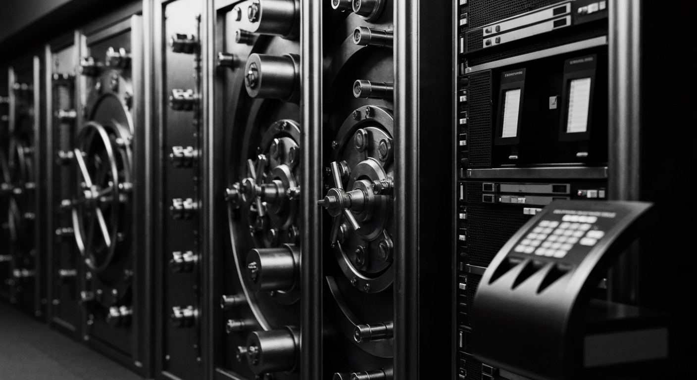 A high-contrast, close-up image of various banking and financial equipment, such as vault doors, cash counters, and computer servers, conveying the tangible, physical nature of the financial services sector.