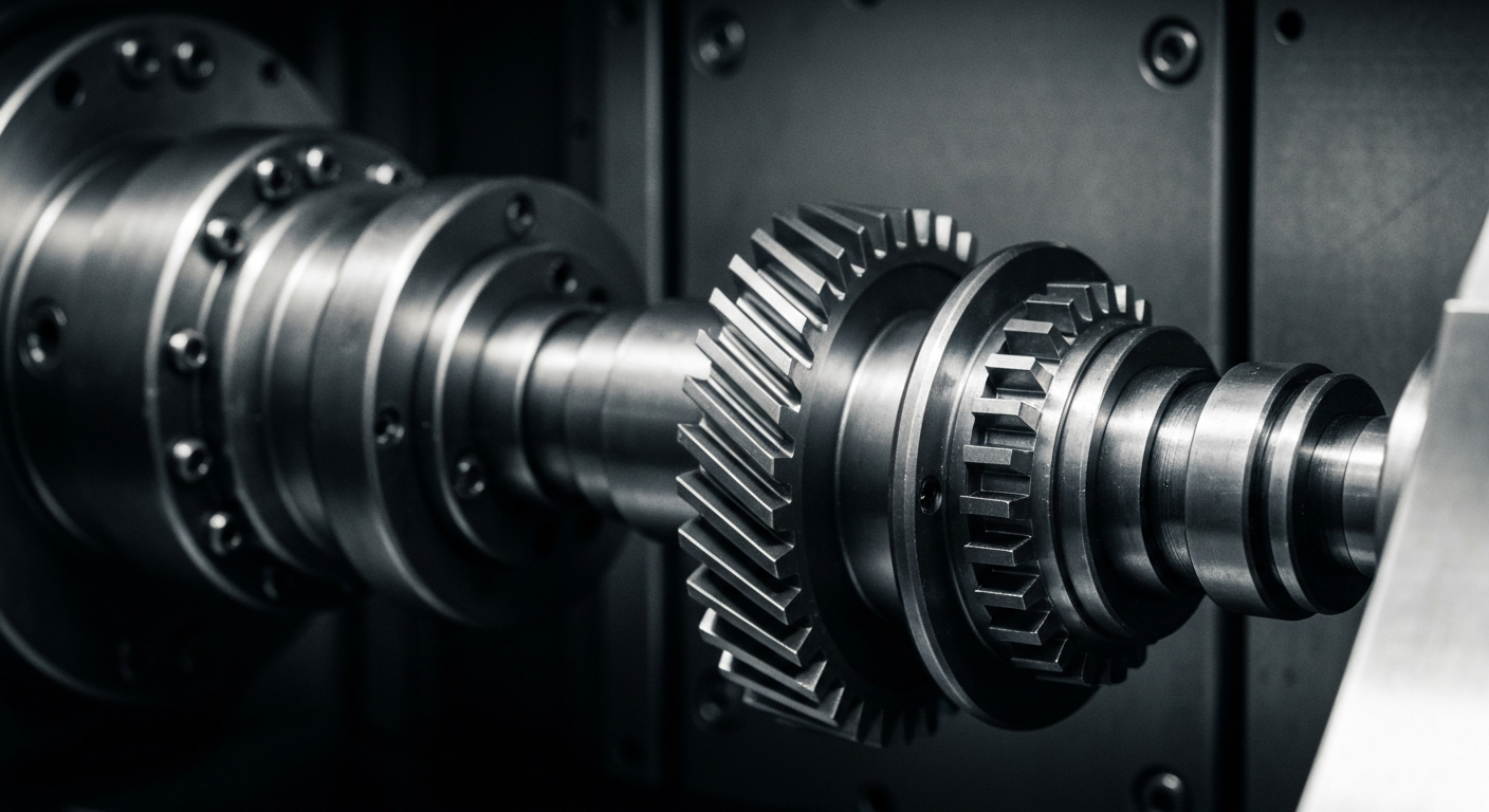 A dramatic, high-contrast close-up view of the gears, motors, and other mechanical components that make up the inner workings of a computer numerical control (CNC) machine tool, representing the complex industrial machinery at the heart of Hurco Companies' business.
