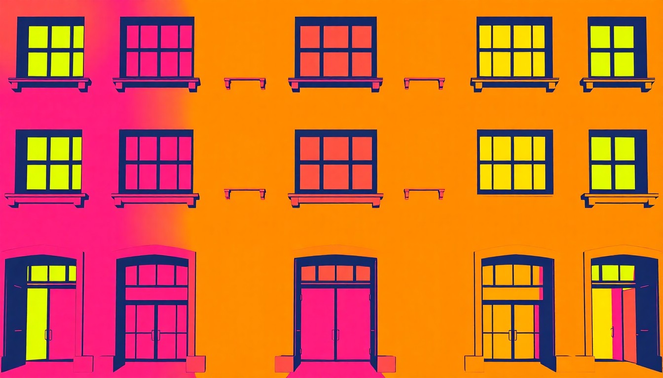 A brightly colored, high-contrast silkscreen print of a single, iconic architectural element from the Portland Museum of Art, such as a window frame or entryway, repeated in a tight grid pattern in the style of Andy Warhol. The image utilizes flat, vibrant, and unnatural neon color palettes overlapping with heavy black photographic outlines to turn an everyday museum feature into modern pop art.