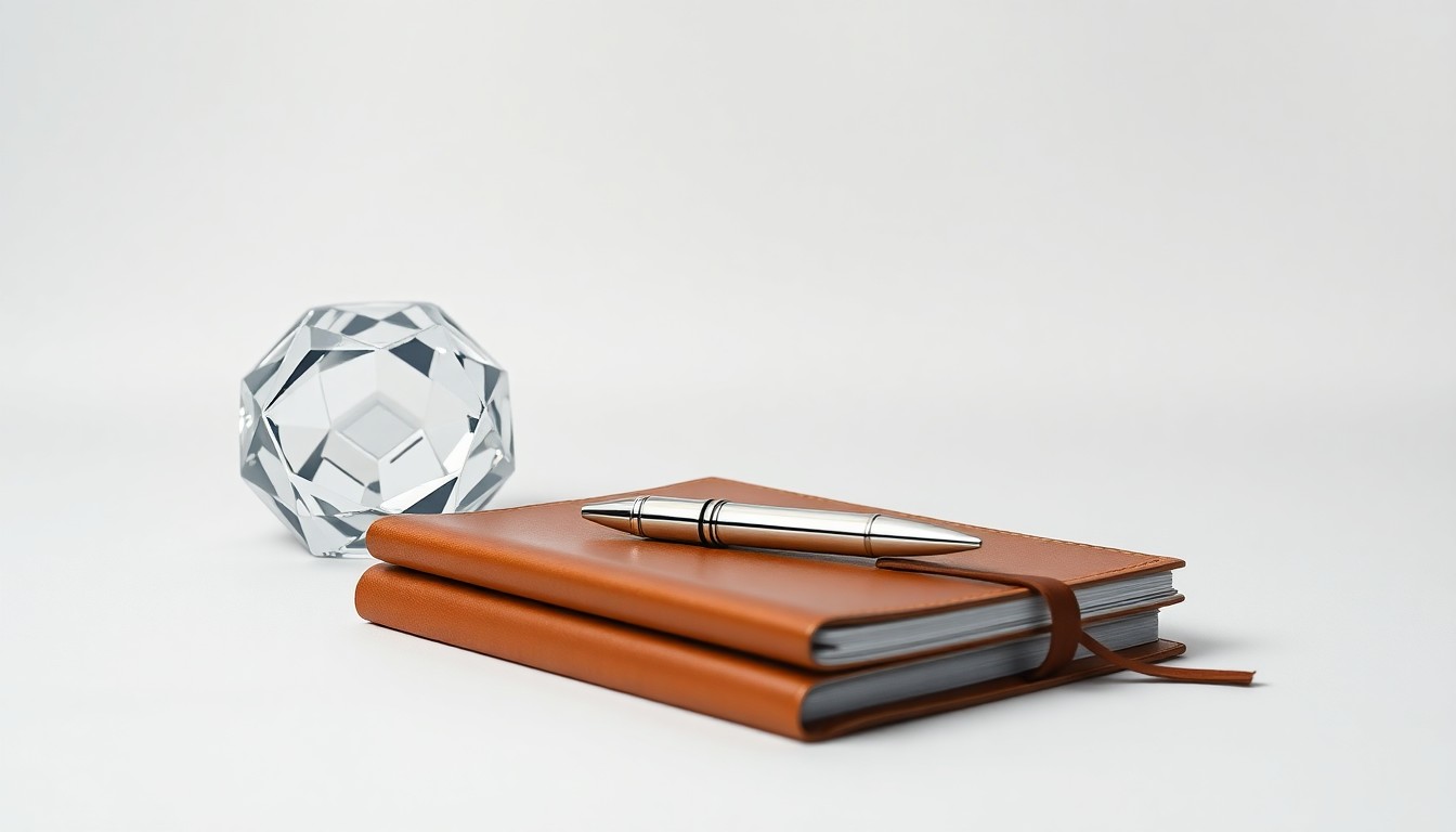 A minimalist, photorealistic studio still life featuring a polished glass paperweight, a sleek metal pen, and a leather-bound notebook arranged on a clean, monochromatic background, symbolizing the collaborative, strategic nature of Impact Clay's leadership initiatives.