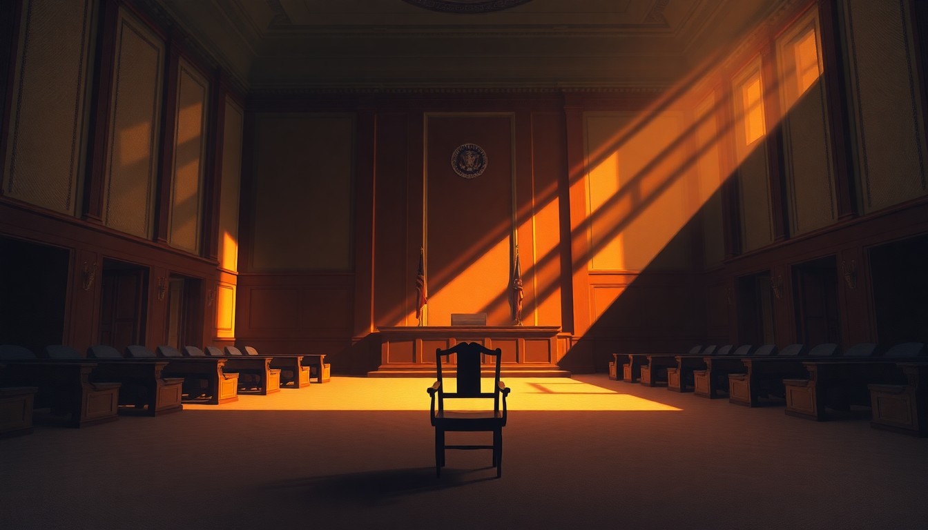 A dimly lit, cinematic painting of an empty city council chamber, with a single chair in the foreground casting a long shadow across the floor, conveying a sense of transition and change.