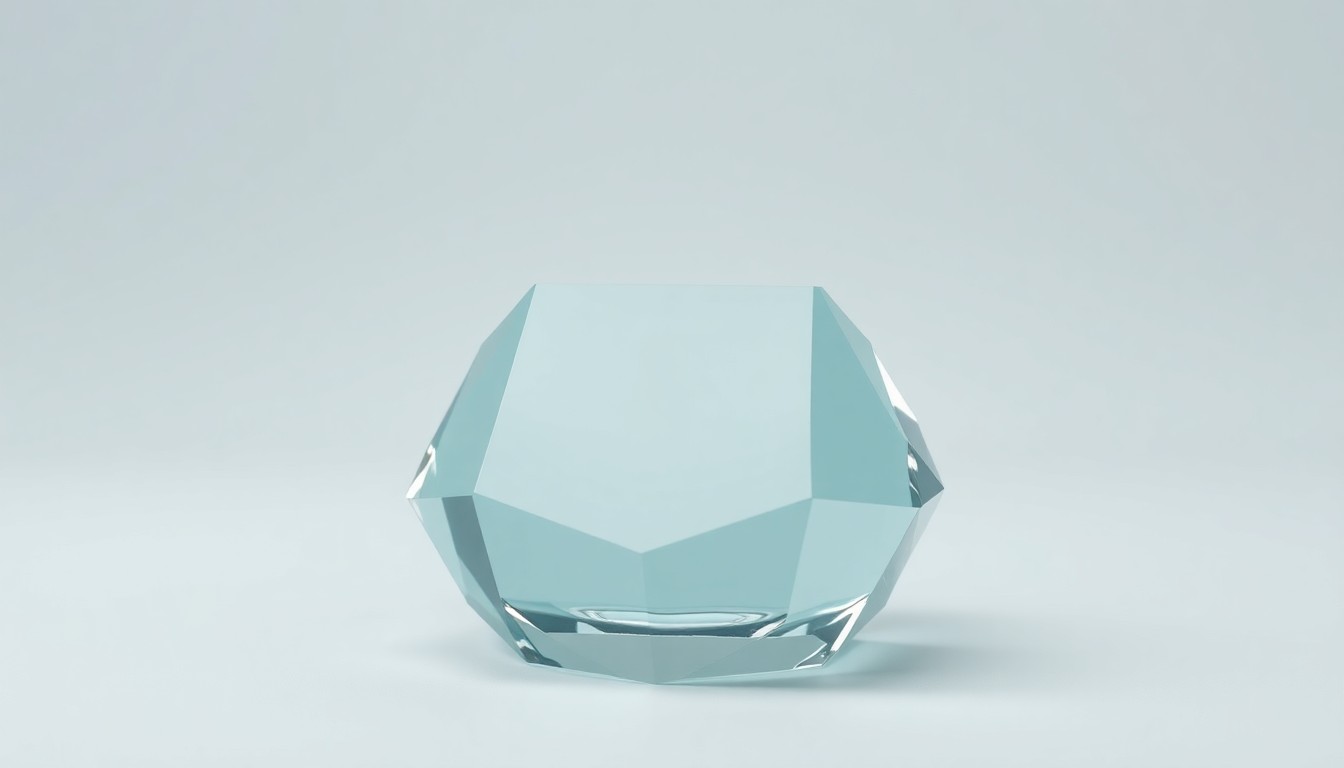 A high-end, photorealistic studio still-life photograph featuring a polished, geometric glass paperweight or desk ornament in a soft pastel color, representing the concept of 'insurance as confidence infrastructure' for women-owned businesses.