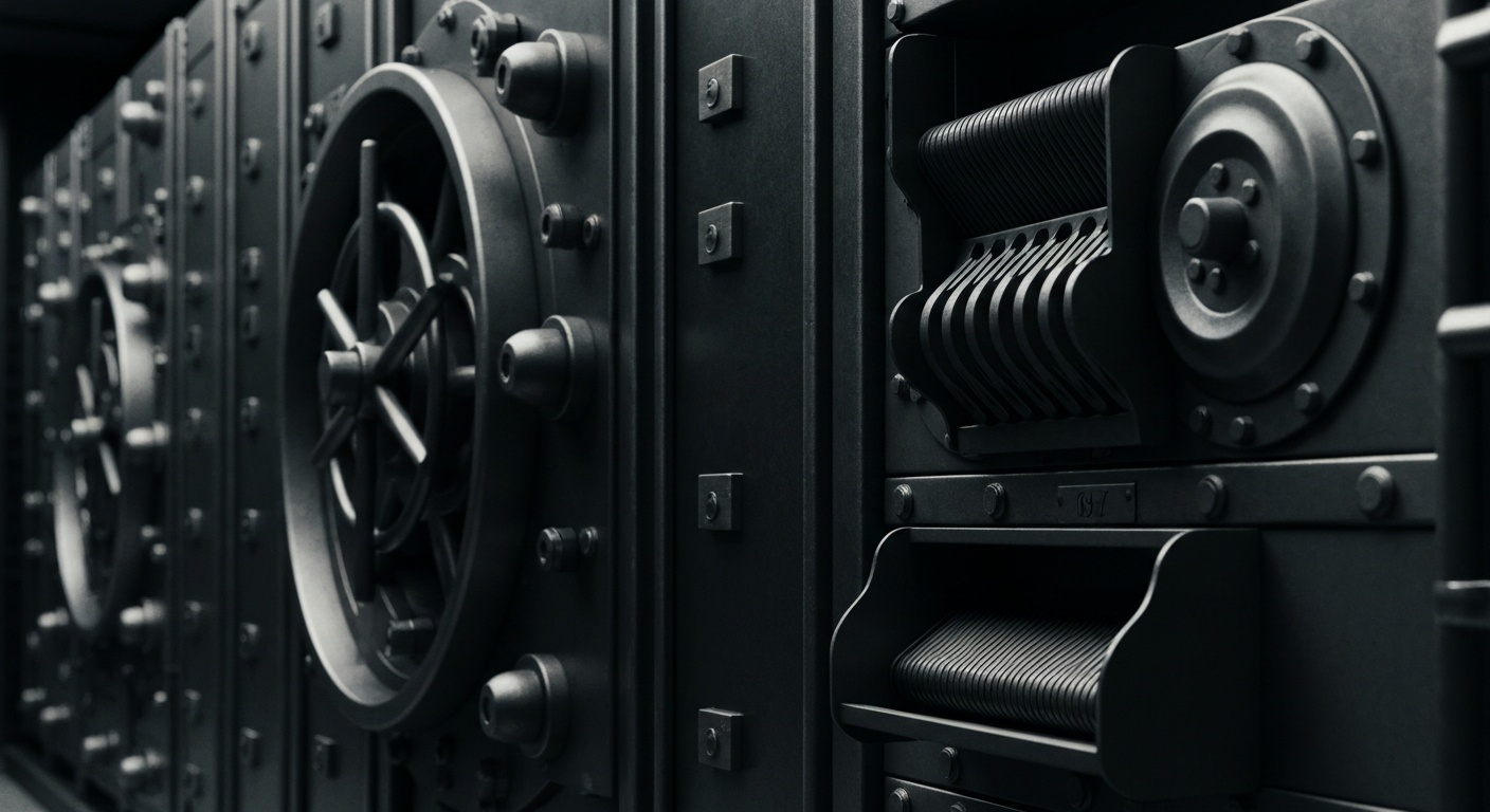 A highly detailed, black-and-white close-up image of the heavy, mechanical components that make up a bank's financial systems, conveying a sense of the institutional power and security of the banking industry.